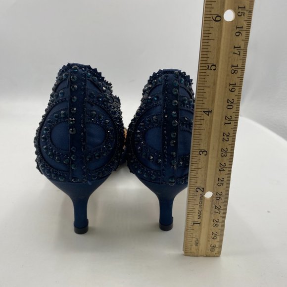 XYD Navy Pointed Toe Low Heel D'Orsay Rhinestone Studs Pumps - Picture 6 of 8
